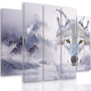 Feeby Leinwandbild 5-teilig Wolf Nebel Wald Grau 100x70 Wandbild auf Vlies Bilder Bild