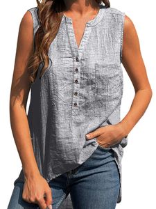 Damen Henley Neck Einfarbig Sommer Oberteil Vaction Pullover Modeknopf Ärmelloses T-Shirt Grau,Größe 2XL