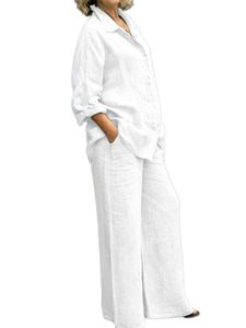 Damen Freizeitanzug Baumwolle Leinen Shirt+Weites Bein Hose Set Hausanzug mit Taschen Weiß,Größe 3XL
