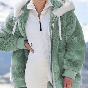 Damen Flauschige Winter Warm Plüschfutter Reißverschluss Kapuzenjacke,Farbe: Grün,Größe:5XL