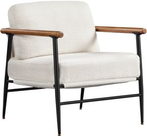 Yaheetech Gepolsterter Sessel mit Armlehnen aus Holz, Moderner Loungesessel mit Metallrahmen, Stilvoller Fernsehsessel aus Bouclé-Gewebe, Elfenbein
