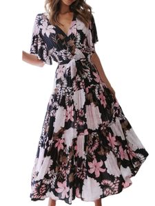 Damen Kurzarm Langes Kleid Urlaub gegen Nacken Maxi Kleider Casual Blumendruck Sommerstrand Sunddress,Farbe:Schwarz,Größe:Xl