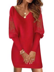 Damen Strickkleider Langarm Kleider Spitze Minikleid Elegant V-Ausschnitt Strickpulli Rot,Größe XL