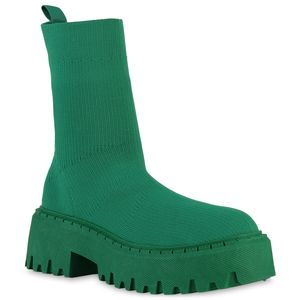VAN HILL Damen Stiefeletten Plateau Boots Blockabsatz Stiefel Strick Schuhe 839539, Farbe: Grün, Größe: 38