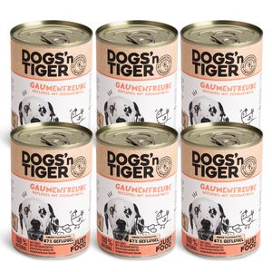 Dogs'n Tiger Adult Premium krmivo pro psy, mokré krmivo, bez obilovin, pamlsky, drůbež a sladké brambory, 6x 400g