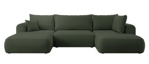 Selsey OVO - Wohnlandschaft U-Form-Sofa mit Schlaffunktion, Bettkasten, Ottomane rechts, Veloursbezug Olivgrün