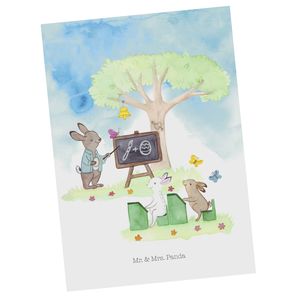 Mr. & Mrs. Panda Postkarte Hasenschule - Weiß - Geschenk, Grußkarte, Geschenk zu Ostern, Ansichtskarte, Osternest, Geschenkkarte, Einladungskarte, Osterhase, Einladung
