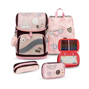 Belmil Premium ergonomischer Schulranzen Set 5 -teilig für Mädchen 1-4 Klasse Grundschule/Brustgurt, Hüftgurt/Magnetverschluss/sonstige Muster/Rosa (405-51/P Glam)