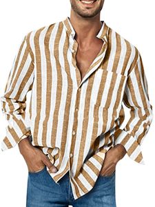 Herren Langarm T-Shirt Strand Patch Pocket Bluse Lässig Gestreiftes Komfortabel Gestreift