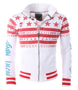 Yakuza Herren Skull N Stripes Track Top Sweatjacke Zipper Jacke Sweatshirt mit Reißverschluss Totenkopf USA Print ZB 14018, Grösse:M, Farbe:Weiß