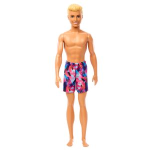 Panenka Barbie Ken na pláži s blond vlasy a fialovými plavkami