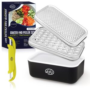 KitchenBe1 - Reibe Edelstahl und Box mit Deckel & Schäler, Aufbewahrungsbox mit schützenden Gummifüßen, Küchenreibe Käsereibe Gemüsereibe, ideal für Käse- Obst- und Gemüse-Liebhaber, Schwarz