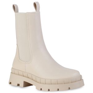 VAN HILL Damen Plateau Boots Stiefeletten Stiefel Profil-Sohle Schuhe 839157, Farbe: Beige, Größe: 39