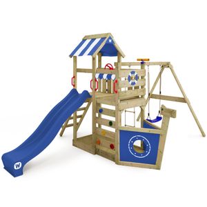 WICKEY Hracia veža Preliezačka SeaFlyer s hojdačkou a šmykľavkou, domček na strome s pieskoviskom, lezeckým rebríkom a hracím príslušenstvom - modrá
