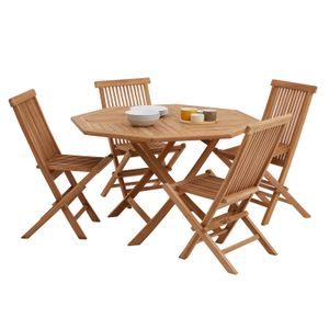 Teak Gartenesstischset MALTA im 5er-Set mit 1 Tisch achteckig klappbar und 4 Stühlen klappbar, langlebig und robust, wetterbeständig aus massivem Teakholz