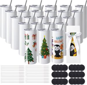 VEVOR 24er-Pack Sublimationsbecher, 20 oz Blanko-Becher, Edelstahl-Doppelwandbecher mit Strohhalm, Deckel, Bürste, Boden, Schrumpffolie, Geschenkbox, für Wärmepresse & Wärmeübertragung