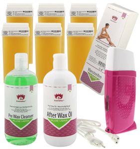 Kosmetex Waxing Set Roll On | 6x Warmwachspatronen Honig Kit, Waxing Gerät in Pink, 100 Vliesstreife