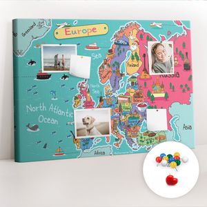 Korková tabuľa Tabuľa na poznámky Tabuľa na špendlíky - učebná pomôcka 100x70 cm - 100ks farebných  kolíkov - Mapa Európy