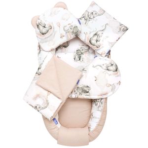 JUKKI Baby Nestchen 5tlg BAUMWOLLE SET für Neugeborene [Elephant's Paradise] 2seitig 100x55cm Babynest + Matratze + Decke + 2xKissen