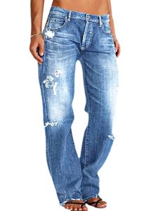 Damen Jeans Mid Waist Denim Hosen Bottoms Baggy Teenager Jeanshose Wide Leg Streetwear Blau (zerrissen),Größe L