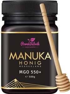 Manuka Honig | MGO 550+ | 500g | HALAL | Das ORIGINAL aus NEUSEELAND | PUR, ROH &  | 100% natürlich | INKL. GRATIS HONIGLÖFFEL aus Holz | PowerFabrik