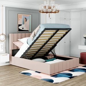 Čalúnená posteľ Merax 140x200 cm s výškovo nastaviteľným čelom, hydraulická skriňová posteľ s lamelovým roštom a úložným priestorom, manželská posteľ pre mladých zamatová, béžová