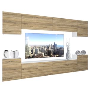 BELINI Wohnwand Vollausstattung Wohnzimmer-Set Moderne Schrankwand mit LED-Beleuchtung Weiß Glänzend Anbauwand TV-Schrank Sonoma Eiche Matt