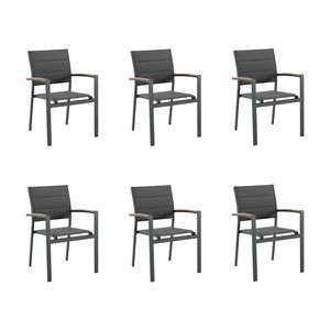 NATERIAL - 6er Set Gartenstühle SAN DIEGO mit Armlehnen - 6 x Gartensessel - Stapelbar - Aluminium - Textilene - Dunkelgrau - Eukalyptus - Terrassenstühle - Essstühle