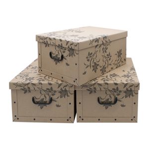 3er Set Aufbewahrungsbox mit Deckel 51 x 37 cm - Braun mit Blumenmuster - Stapelbox aus Pappe mit Griffen 45 Liter - Organizer Storage Box Allzweck Spielzeug Kiste Geschenk Karton stapelbar