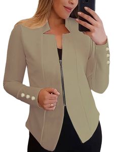 Damen Blazer Langarm Outwear Solide Farbe Casual Zip Up Arbeit Outdoor Mantel Jacken Khaki,Größe M