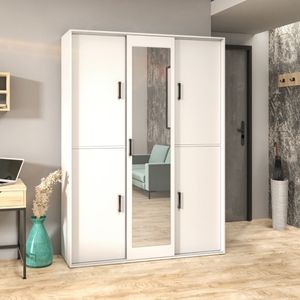 150 cm Garderobenschrank Lang Garderobe mit Schwebetür und Scharniertüren Schrank mit Spiegel für Schlafzimmer, Farbe: Weiß