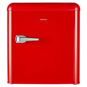 MEDION Mini Kühlschrank (Retro Design, 42L Nutzinhalt, 1 Glaseinlegeboden, manuelle Temperaturkontrolle, höhenverstellbare Füße, MD37171) rot