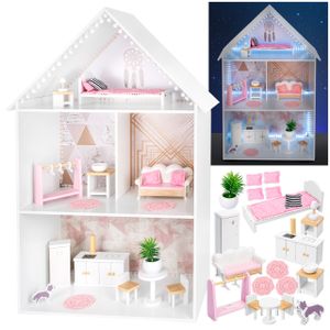 Kinderplay Puppenhaus Holz Groß - Großes Hölzernes Barbie Puppenhaus, Version mit rosa Zubehör, 38 Zubehörteile enthalten, Barbiehauser Holz, Modell GS0023B, LED-Licht (GS0077)
