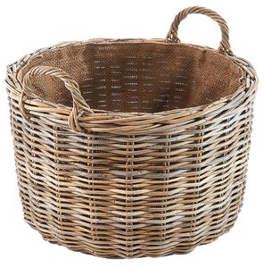 Kobolo ratanový koš na dřevo - kulatý - ratanový cubu šedý - 34x50 cm - úložný koš organizační box koš na nábytek přenosný koš rukojeť držadlo