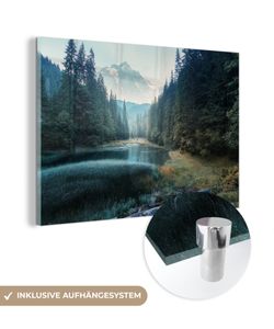 MuchoWow® Glasbilder - Bilder auf Wandbild - Foto auf Glas Wald - Gras - Berge - Bäume - Natur 60x40 cm Wanddekoration aus Glas - Acrylglasbild - Acrylbilder - Glasfotos