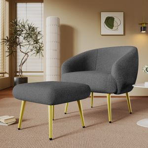 Merax moderner Sherpa-Polsterstuhl mit Fußhocker, Ergonomischer Sessel mit Goldenen Metallbeinen, Ohrensessel r Komfort für Wohnzimmer