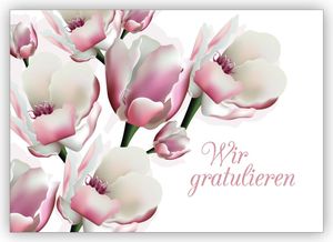 Elegante Glückwunschkarte mit leichten Blüten zur Hochzeit, Taufe, Geburt, Examen etc: Wir gratulieren