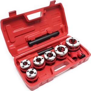 Wiltec Schneidkluppe 9-tlg. Set aus Stahl, Gewindeschneider mit 6 Schneidköpfen, Schneideisen mit Ratschenverlängerung, Rohrschneider mit Koffer