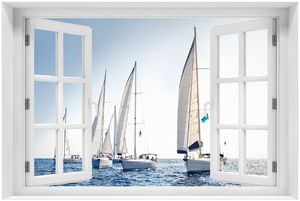 Wallario selbstklebendes Poster mit Fenster-Illusion - Segelschiff auf dem Meer, Größe: 100 x 150 cm