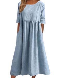 Damen Sommerkleider mit Tasche Midikleid Baumwolle Swing Kleider Freizeitkleider Hellblau,Größe 3XL