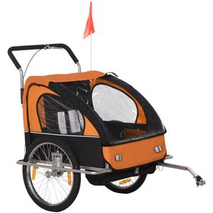 HOMCOM Kinderanhänger Fahrradanhänger Kinder Radanhänger für 2 Kinder mit Fahne Regenschutz atmungsaktiv Stahl Orange+Schwarz 142 x 85 x 105 cm