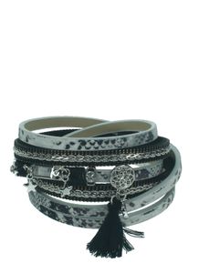Wickelarmband aus Leder mit Magnetverschluss mit Strass-Anhänger Quaste Herz Stern 1,5x39cm Farbe - schwarz