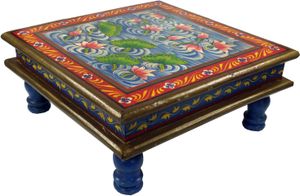 Bemalter Kleiner Tisch, Minitisch, Blumenbank - Seerose Blau/rot, Holz, 16*38*38 cm, Kaffeetische & Bodentische
