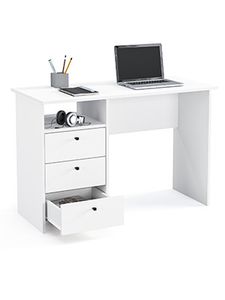 KOMTO Schreibtisch mit Schubladen Bürotisch Computertisch Klein Arbeitstisch Büro PC Griffen 110x50x74 cm Weiß