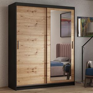 BEAUTYSOFA Kleiderschrank HELA 120cm - 2-türig Schiebetürenschrank, Garderobe, Schrank mit Spiegeln, Kleiderstang & 2 Schubladen, (Schwarz + Artisan)