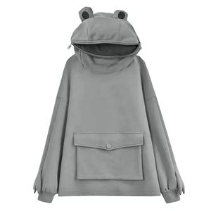 Fleecepullover Damen Mittellanges Design Super Süße Frosch Kapuzen Lazy Coat Jacke Grau S
