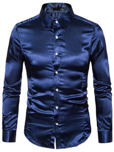 Herren Hemden Langarm Bluse Button Down Tops Slim Fit Satin Seidenhemden Freizeit Hemd Dunkelblau,Größe M
