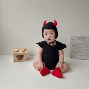 Baby-Halloween-Outfit, erster Halloween-Strampler, kleiner Dämon, mit Hut, Junge, Mädchen, Teufel, einteiliger Overall, Rot
