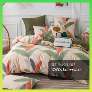 Bettwäsche Set mit Bettlaken, Lux Satin, 100% Baumwolle, 200x220 cm, Bettbezug mit Reißverschluss - Blätter