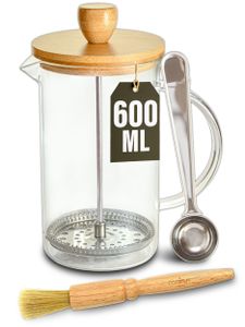 Cosumy French Press aus Glas (0,6 Liter) - Kaffeebereiter für 2 Tassen Kaffee - Mit Dosierlöffel und Reinigungspinsel